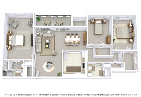 Floor plan for 3 beds, 2 baths, 1370 sqft